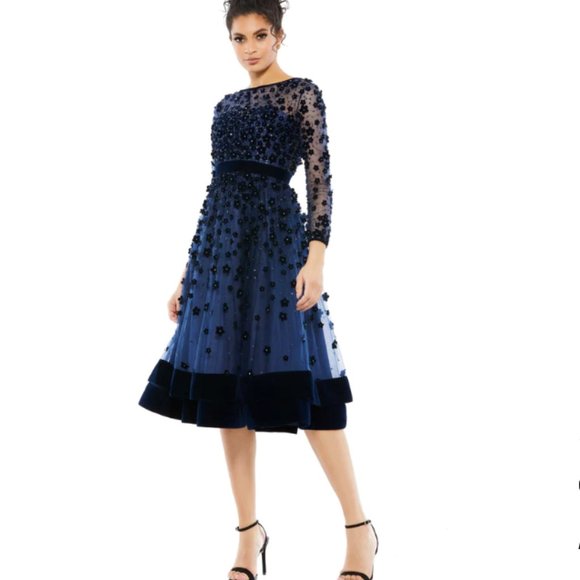 MAC DUGGAL 67007 ELEGANT FLORAL COCKTAIL MIDNIGHT NAVY MIDI DRESS sz 8 - Picture 1 of 5